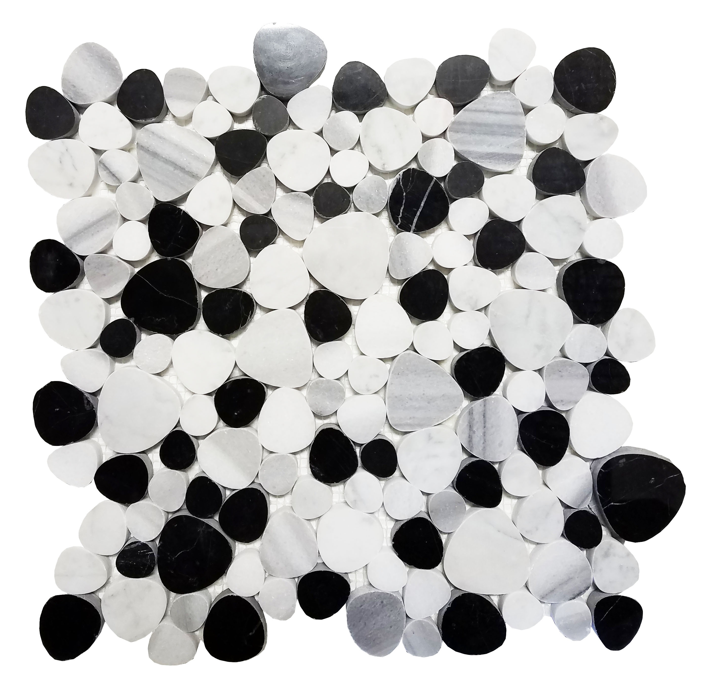 MA245-PB POLISHED Pebbles Carrara white, Negro marquina, Cloud Grey 